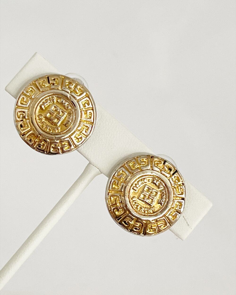 GIVENCHY Clip On Earrings Coin Logo Embossed Gold Plated Greek Key Border 1980s